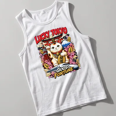 Vibrant cartoon graphic of a Maneki Neko with text Lucky Tokyo Good Fortune. — printed on a tank top