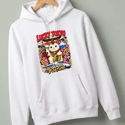 Vibrant cartoon graphic of a Maneki Neko with text Lucky Tokyo Good Fortune. — printed on a unisex hoodie