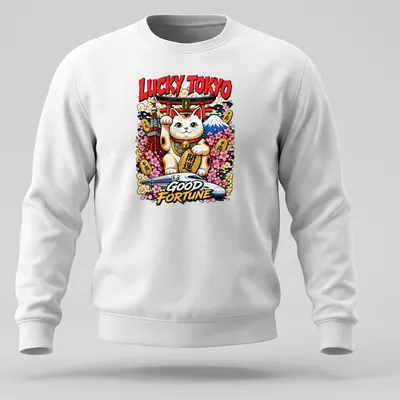 Vibrant cartoon graphic of a Maneki Neko with text Lucky Tokyo Good Fortune. — printed on a unisex sweatshirt