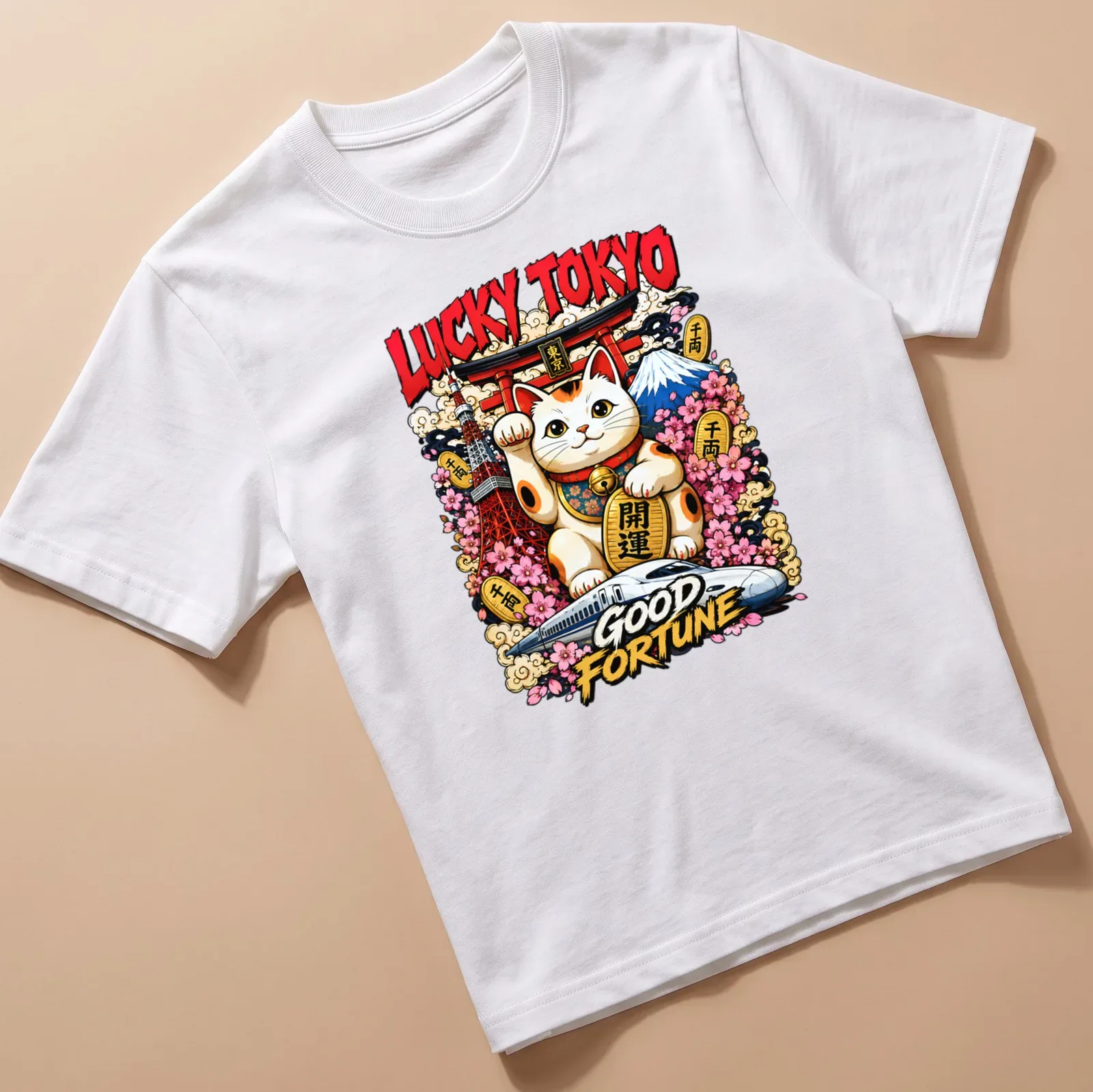 Vibrant cartoon graphic of a Maneki Neko with text Lucky Tokyo Good Fortune. — printed on a unisex t-shirt