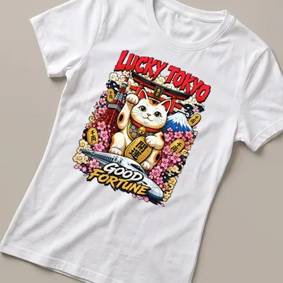 Vibrant cartoon graphic of a Maneki Neko with text Lucky Tokyo Good Fortune. — printed on a women's shirt