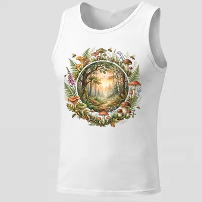 Watercolor print of a forest path with colorful mushrooms and ferns — printed on a tank top