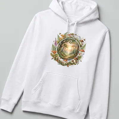 Watercolor print of a forest path with colorful mushrooms and ferns — printed on a unisex hoodie