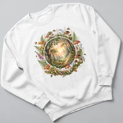 Watercolor print of a forest path with colorful mushrooms and ferns — printed on a unisex sweatshirt