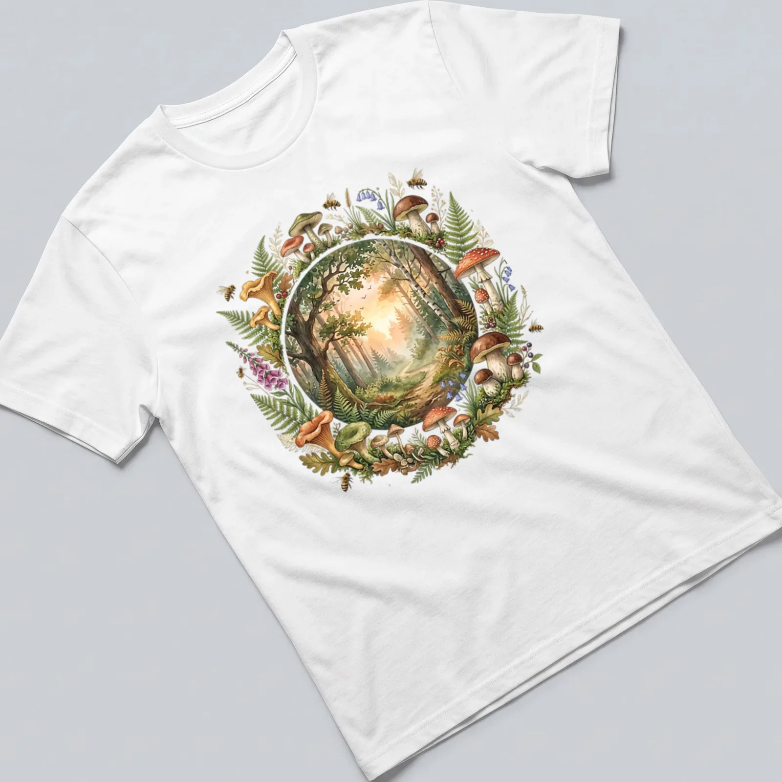 Watercolor print of a forest path with colorful mushrooms and ferns — printed on a unisex t-shirt