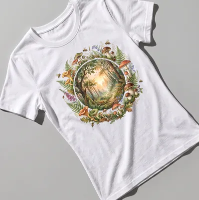 Watercolor print of a forest path with colorful mushrooms and ferns — printed on a women's shirt
