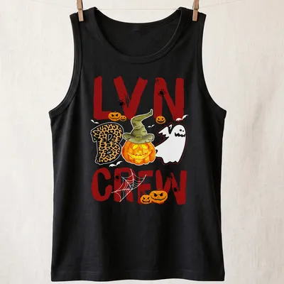 Colorful Halloween pumpkin t-shirt with witch hat and Boo Crew text — printed on a tank top