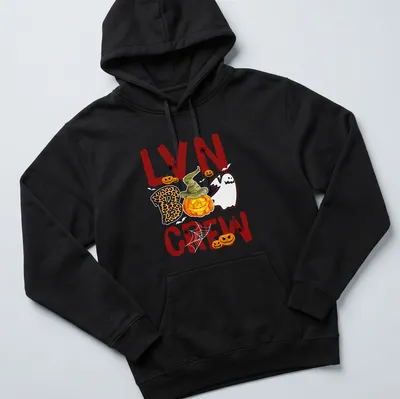 Colorful Halloween pumpkin t-shirt with witch hat and Boo Crew text — printed on a unisex hoodie
