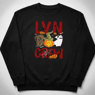 Colorful Halloween pumpkin t-shirt with witch hat and Boo Crew text — printed on a unisex sweatshirt