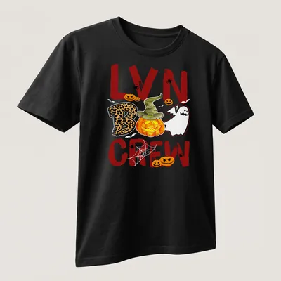 Colorful Halloween pumpkin t-shirt with witch hat and Boo Crew text — printed on a unisex t-shirt (angled view)