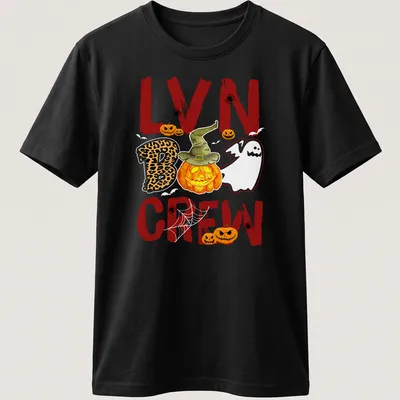 Colorful Halloween pumpkin t-shirt with witch hat and Boo Crew text