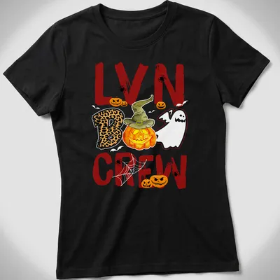 Colorful Halloween pumpkin t-shirt with witch hat and Boo Crew text — printed on a women's shirt