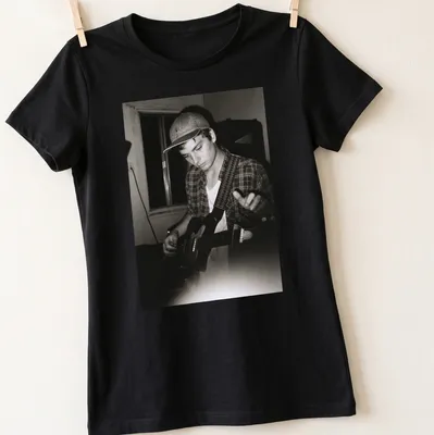Vintage black and white photo of musician Mac DeMarco playing guitar — printed on a women's shirt