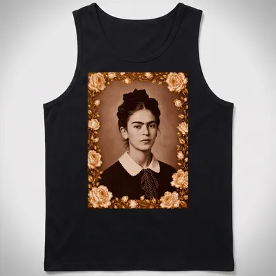 Vintage portrait of Frida Kahlo in sepia, cream, and gold tones — printed on a tank top