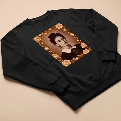 Vintage portrait of Frida Kahlo in sepia, cream, and gold tones — printed on a unisex sweatshirt