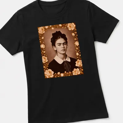Vintage portrait of Frida Kahlo in sepia, cream, and gold tones — printed on a women's shirt
