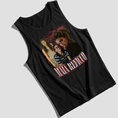 Collage-style T-shirt featuring Maia Reficco in red, black, and white. — printed on a tank top