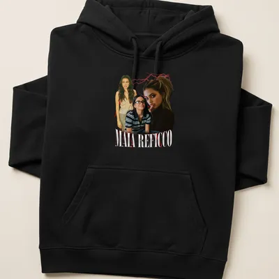 Collage-style T-shirt featuring Maia Reficco in red, black, and white. — printed on a unisex hoodie