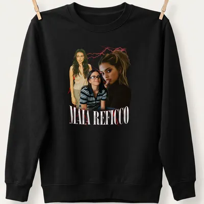 Collage-style T-shirt featuring Maia Reficco in red, black, and white. — printed on a unisex sweatshirt