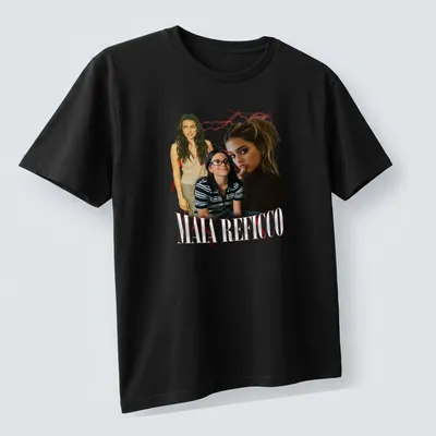 Collage-style T-shirt featuring Maia Reficco in red, black, and white. — printed on a unisex t-shirt (angled view)