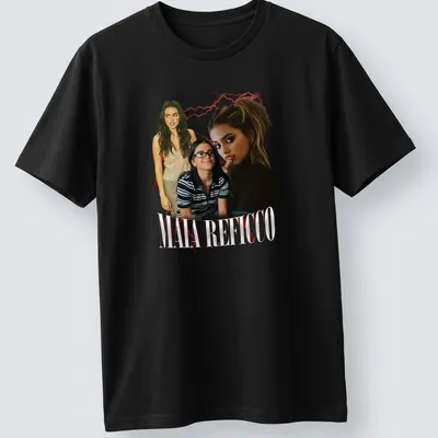 Collage-style T-shirt featuring Maia Reficco in red, black, and white.