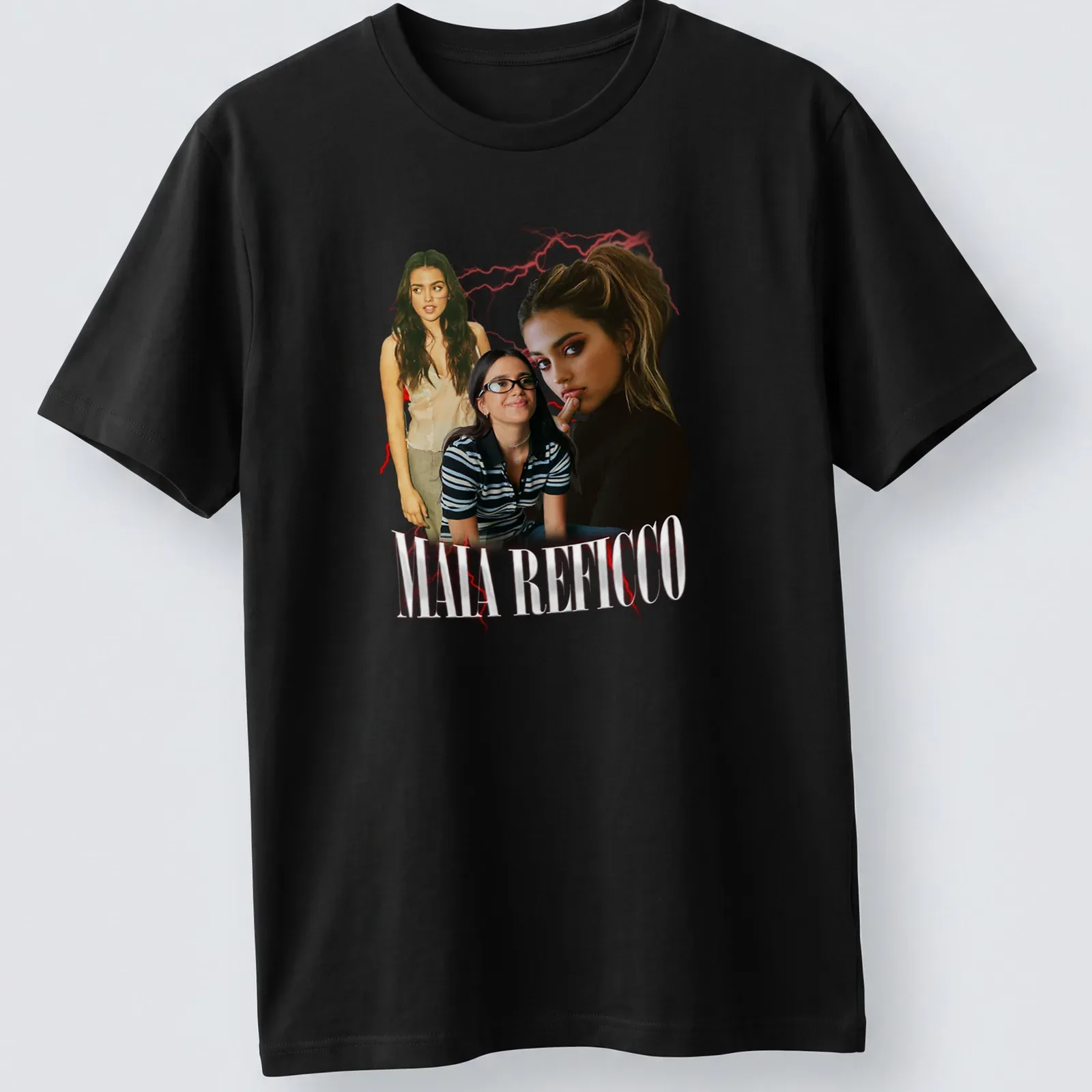 Collage-style T-shirt featuring Maia Reficco in red, black, and white. — printed on a unisex t-shirt
