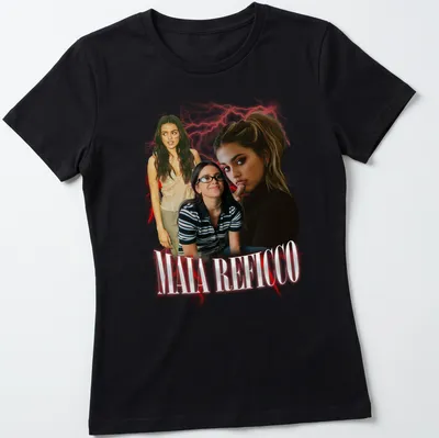 Collage-style T-shirt featuring Maia Reficco in red, black, and white. — printed on a women's shirt