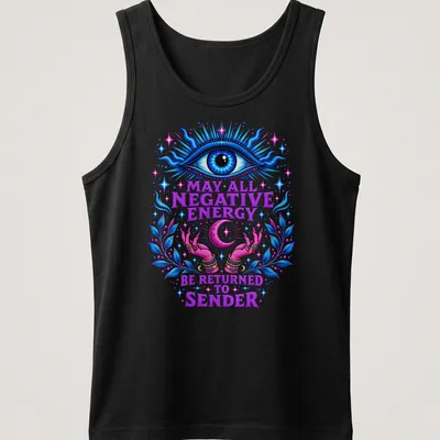 Vibrant mystical print featuring an eye and hands with affirming text. — printed on a tank top
