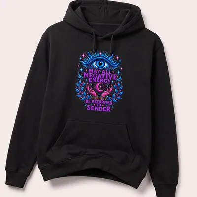 Vibrant mystical print featuring an eye and hands with affirming text. — printed on a unisex hoodie