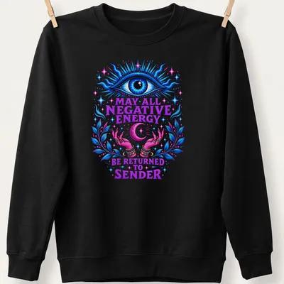 Vibrant mystical print featuring an eye and hands with affirming text. — printed on a unisex sweatshirt