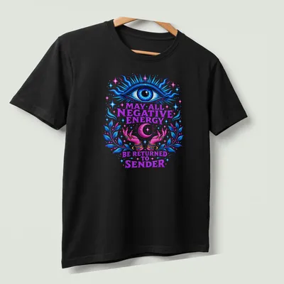 Vibrant mystical print featuring an eye and hands with affirming text. — printed on a unisex t-shirt (angled view)