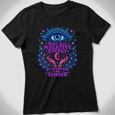 Vibrant mystical print featuring an eye and hands with affirming text. — printed on a women's shirt