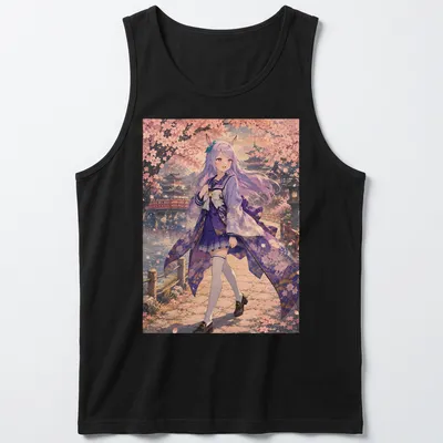 Anime illustration of Mejiro McQueen walking amidst cherry blossoms in soft colors — printed on a tank top