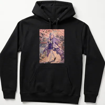 Anime illustration of Mejiro McQueen walking amidst cherry blossoms in soft colors — printed on a unisex hoodie