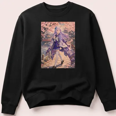 Anime illustration of Mejiro McQueen walking amidst cherry blossoms in soft colors — printed on a unisex sweatshirt