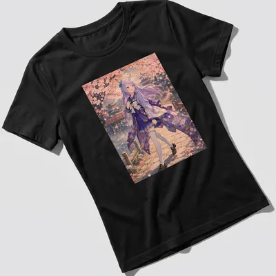 Anime illustration of Mejiro McQueen walking amidst cherry blossoms in soft colors — printed on a women's shirt