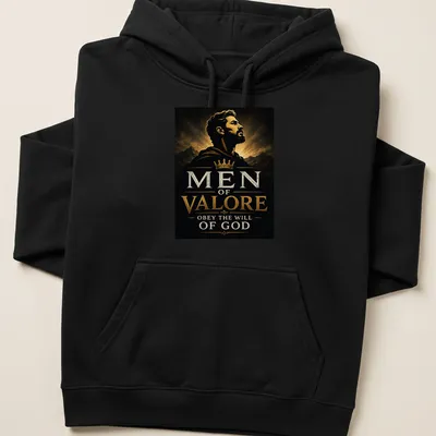 Dramatic vintage design with text and an illustration of a crowned man — printed on a unisex hoodie