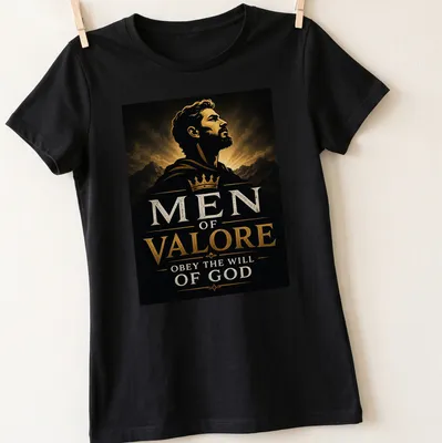 Dramatic vintage design with text and an illustration of a crowned man — printed on a women's shirt