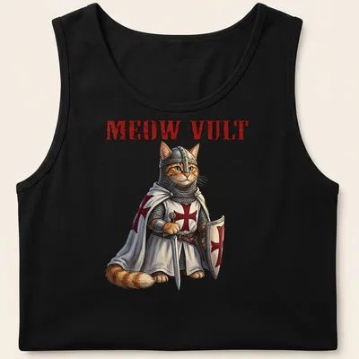 Realistic print of a cat knight in armor with the text Meow Vult — printed on a tank top