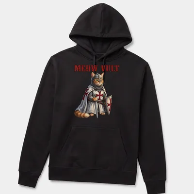 Realistic print of a cat knight in armor with the text Meow Vult — printed on a unisex hoodie