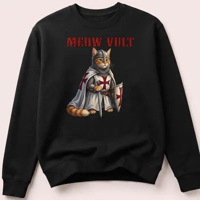 Realistic print of a cat knight in armor with the text Meow Vult — printed on a unisex sweatshirt