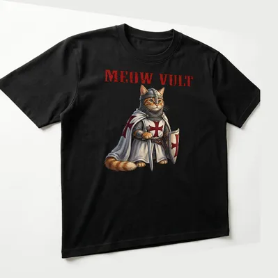Realistic print of a cat knight in armor with the text Meow Vult — printed on a unisex t-shirt (angled view)