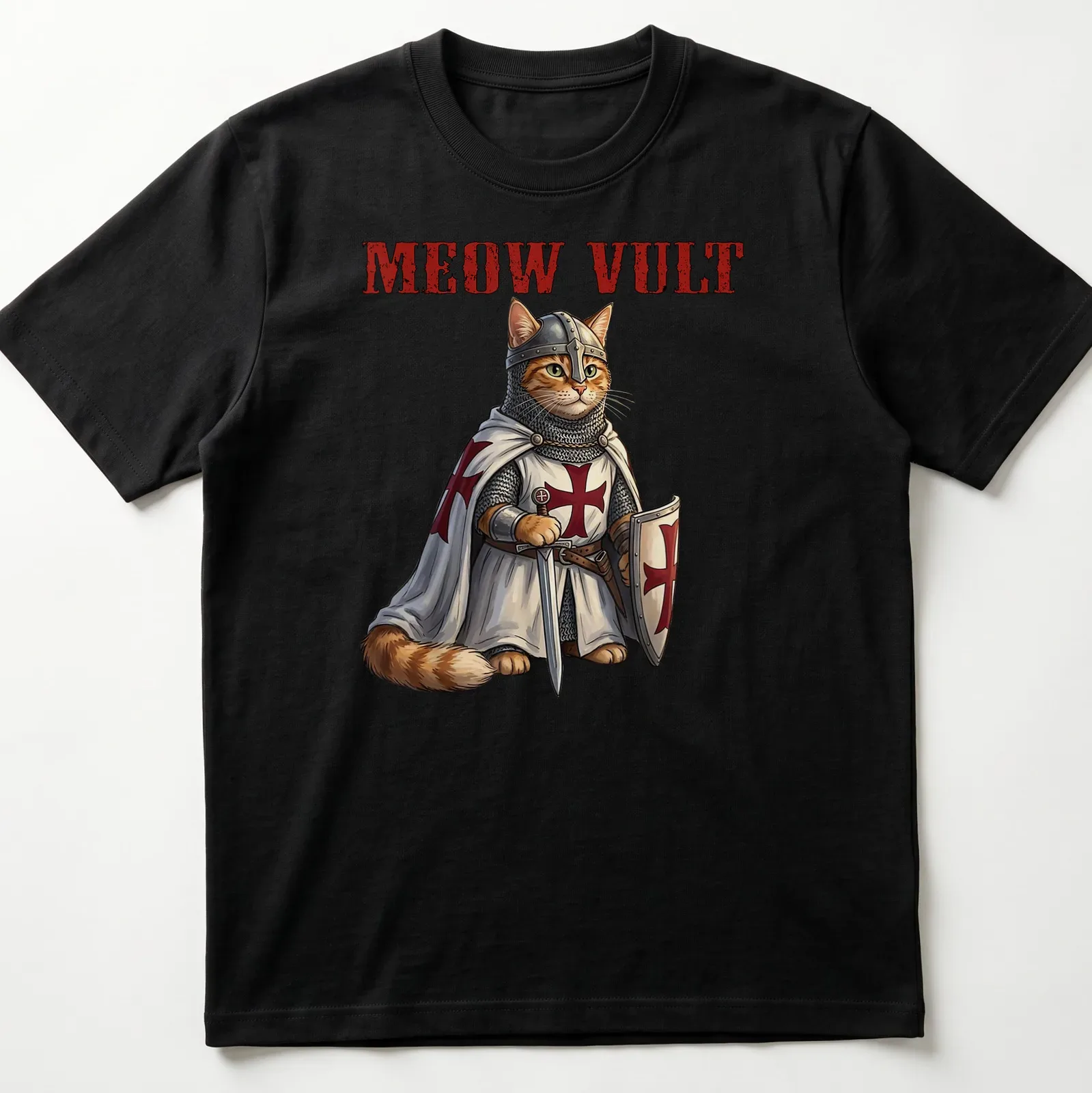 Realistic print of a cat knight in armor with the text Meow Vult — printed on a unisex t-shirt