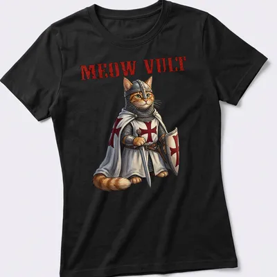 Realistic print of a cat knight in armor with the text Meow Vult — printed on a women's shirt