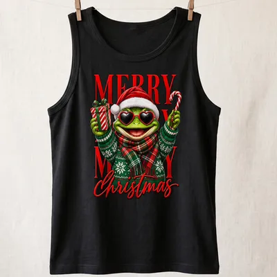 Colorful cartoon frog in Santa hat and sweater with Merry Christmas text — printed on a tank top