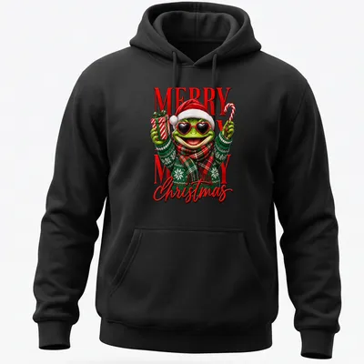 Colorful cartoon frog in Santa hat and sweater with Merry Christmas text — printed on a unisex hoodie