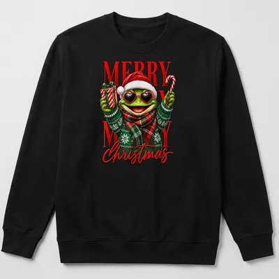 Colorful cartoon frog in Santa hat and sweater with Merry Christmas text — printed on a unisex sweatshirt