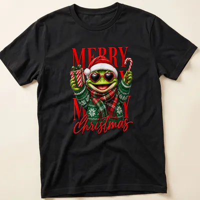 Colorful cartoon frog in Santa hat and sweater with Merry Christmas text