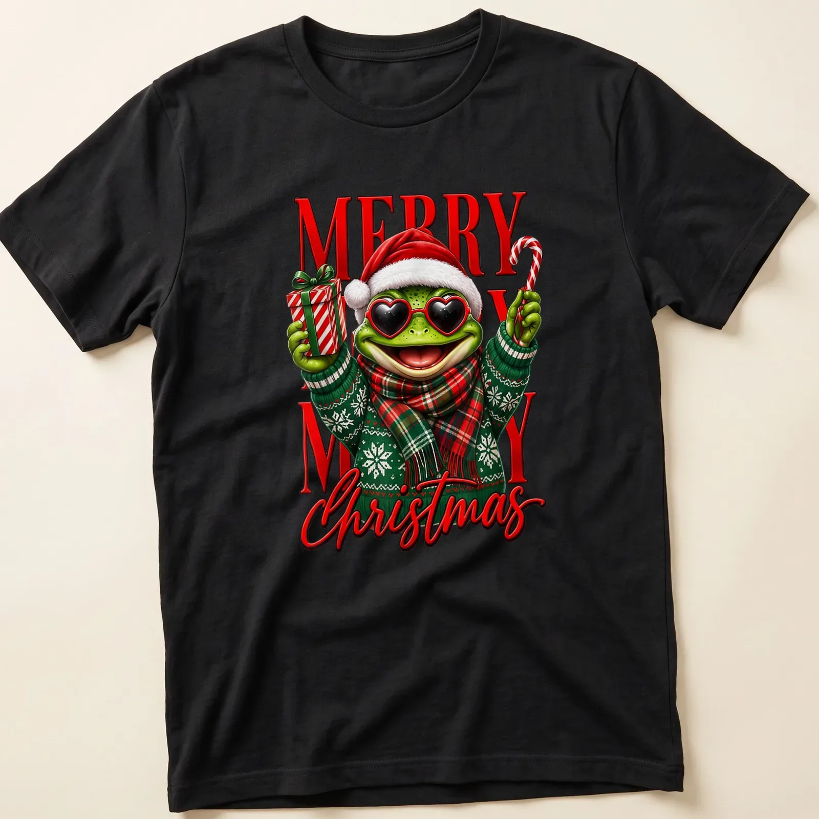 Colorful cartoon frog in Santa hat and sweater with Merry Christmas text — printed on a unisex t-shirt