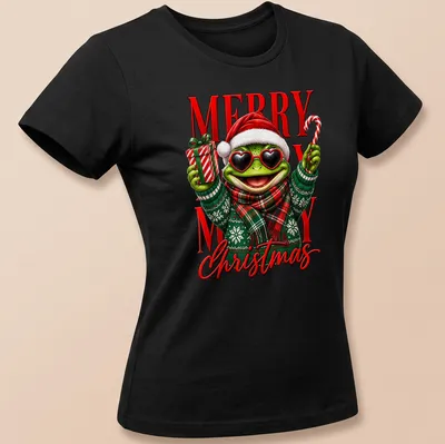 Colorful cartoon frog in Santa hat and sweater with Merry Christmas text — printed on a women's shirt